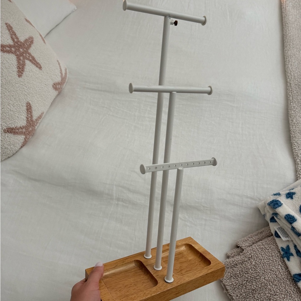 White Jewelry Stand with Wooden Base